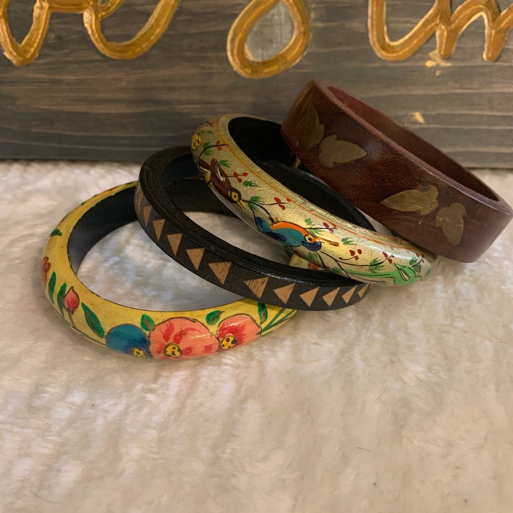 4 pieces vintage wooden bangles hand painted inlay